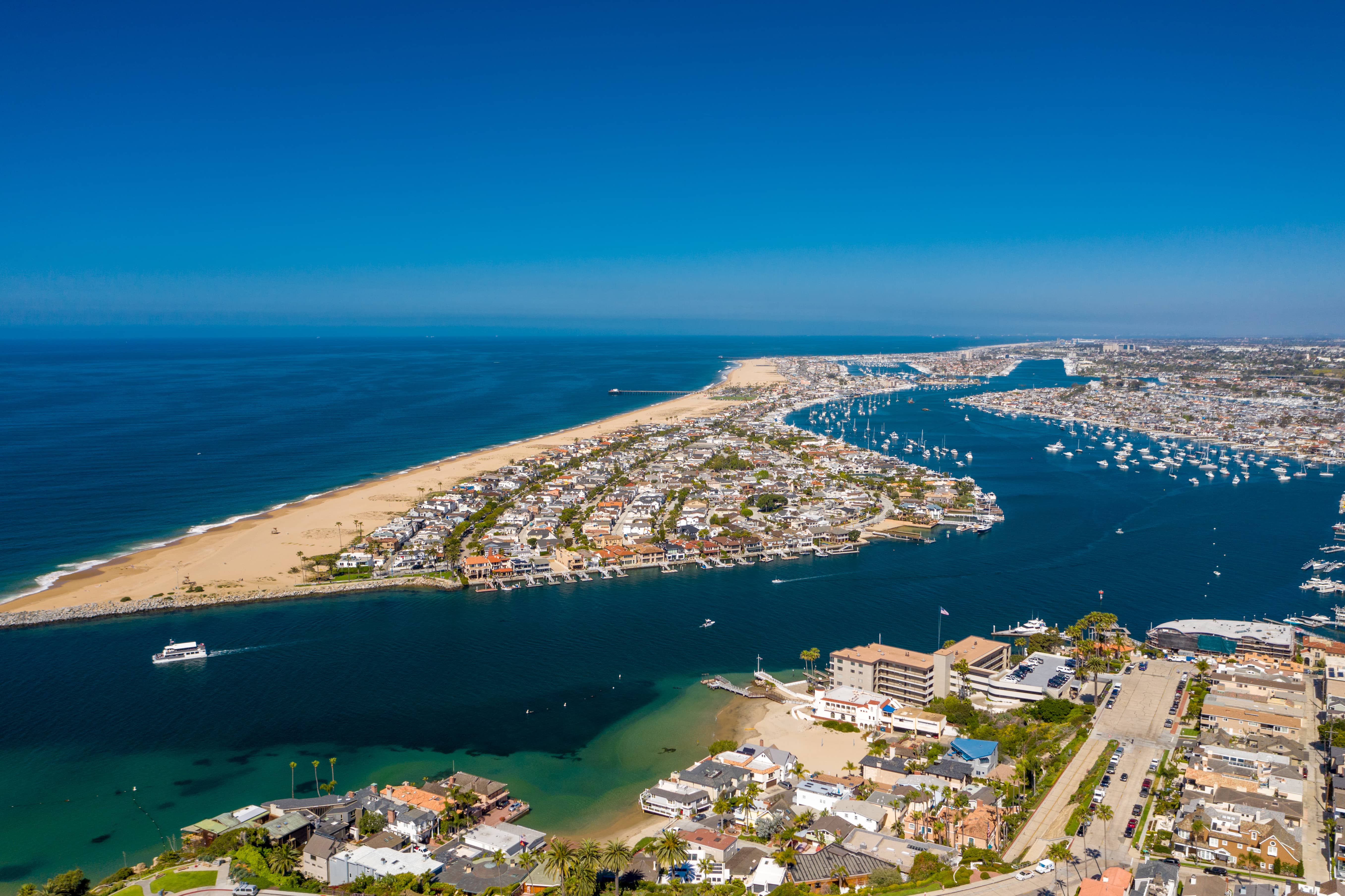 Aerial view from above of Newport Beach harbor in Orange County California on a sunny day